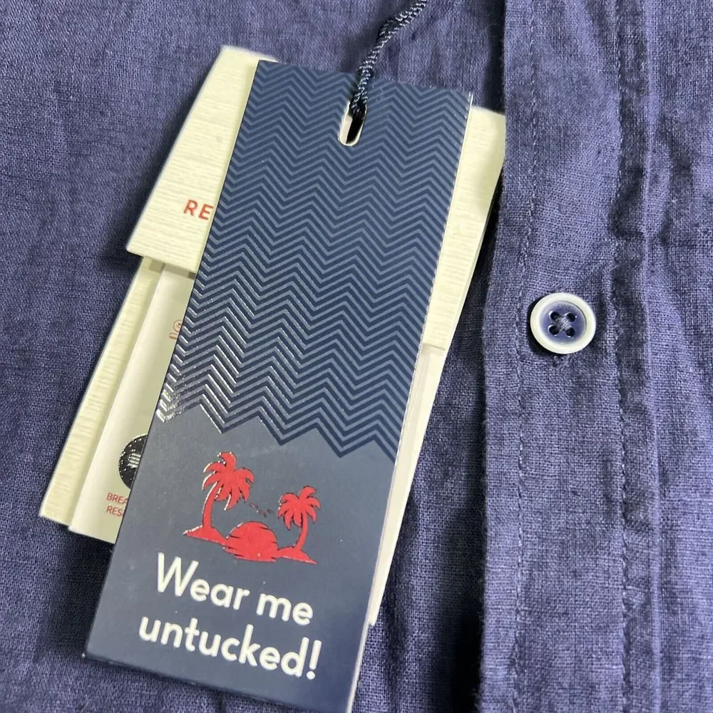 Report Collection Summer Linen Mens Blue Button Down Short Sleeve Size‎ Med NWT